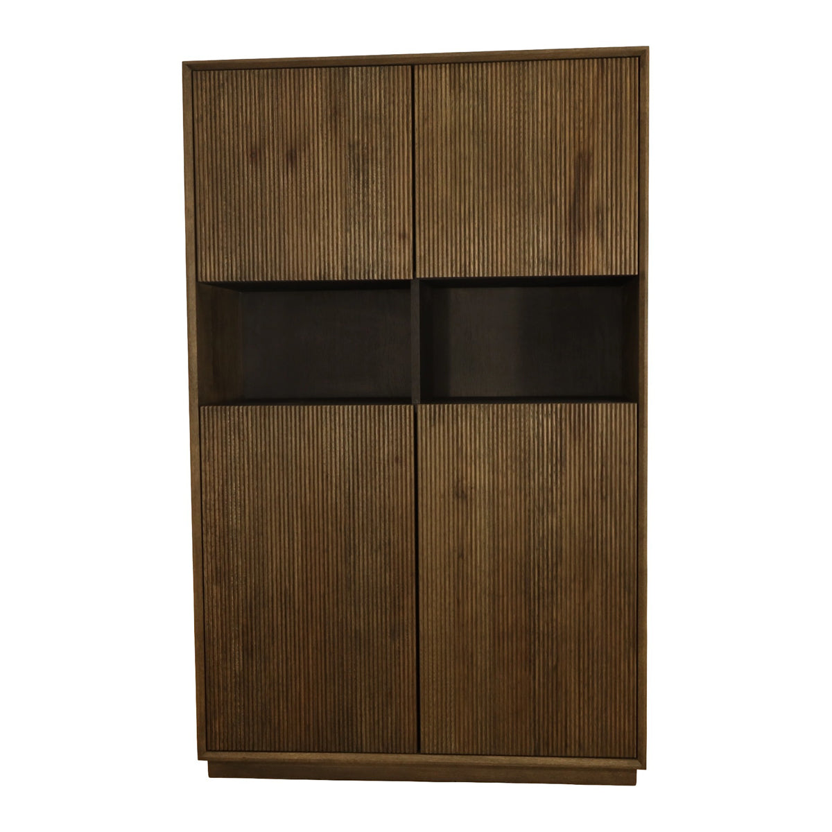 Tall Dawson bar cabinet in oak and chestnut with reeded paneling and an open band