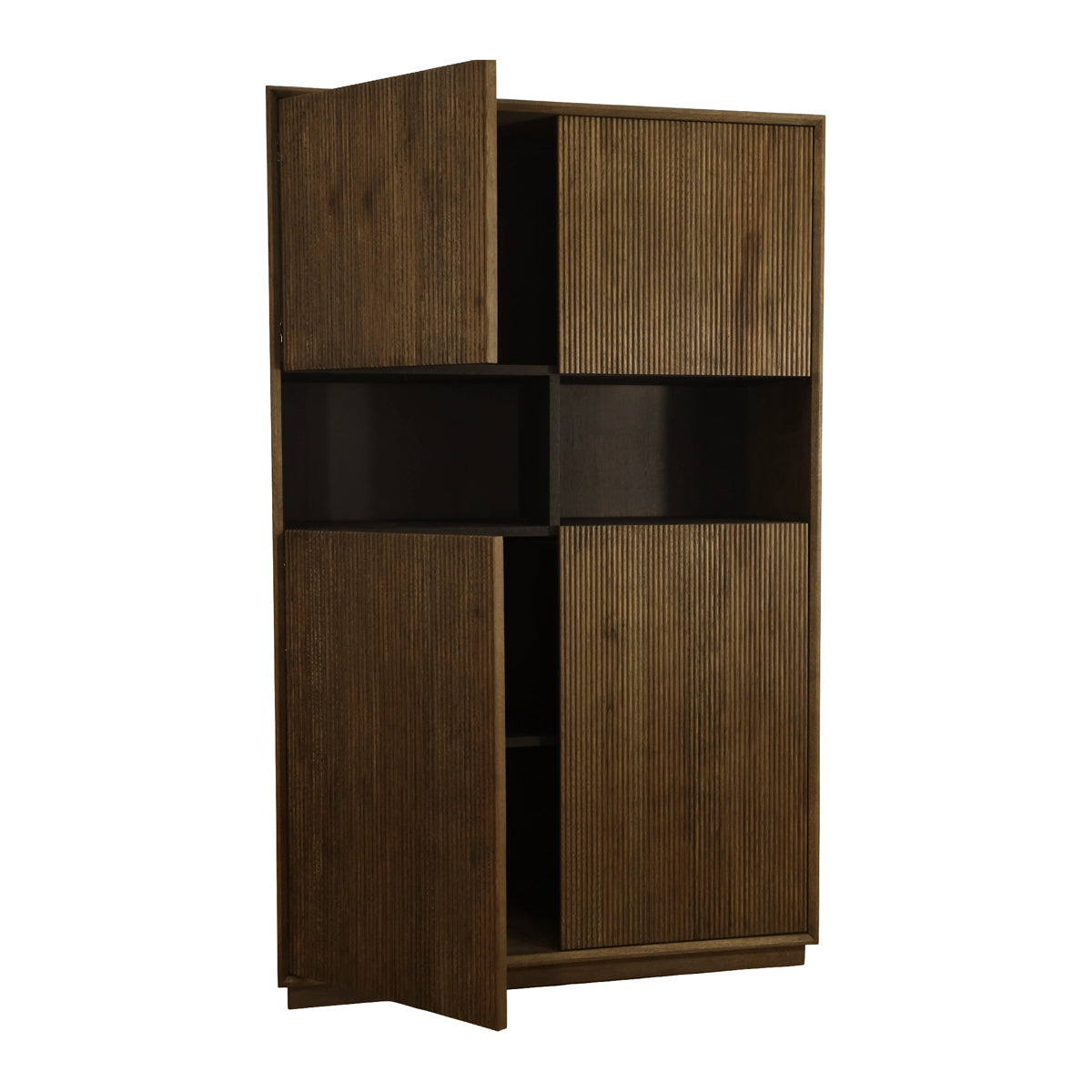 Tall Dawson bar cabinet in oak and chestnut with reeded paneling and an open band