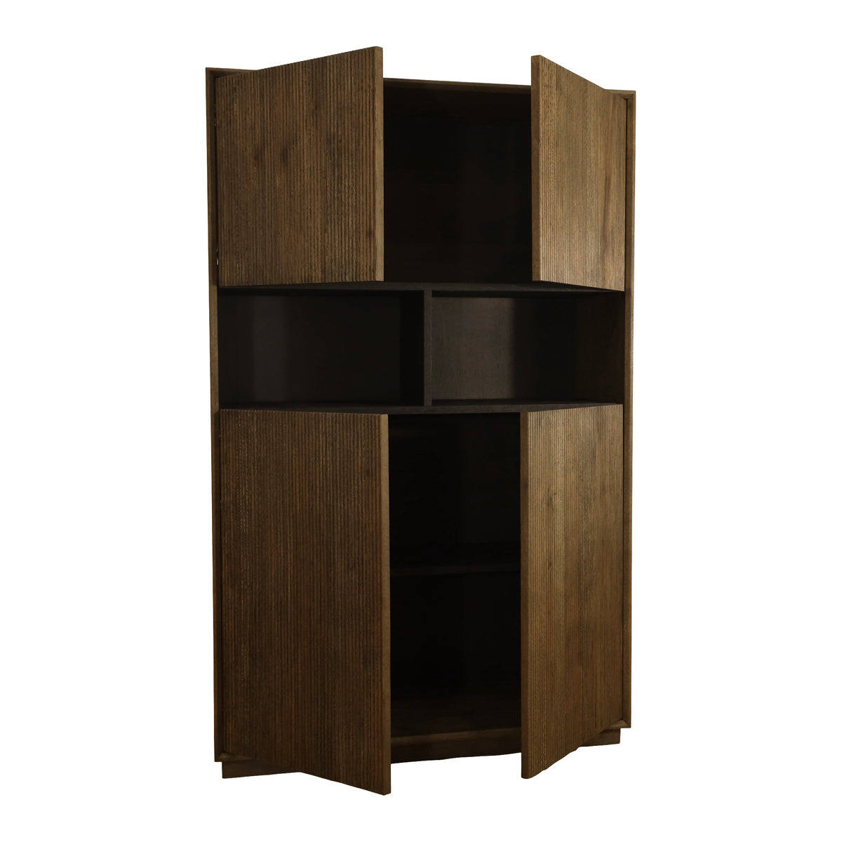 Tall Dawson bar cabinet in oak and chestnut with reeded paneling and an open band