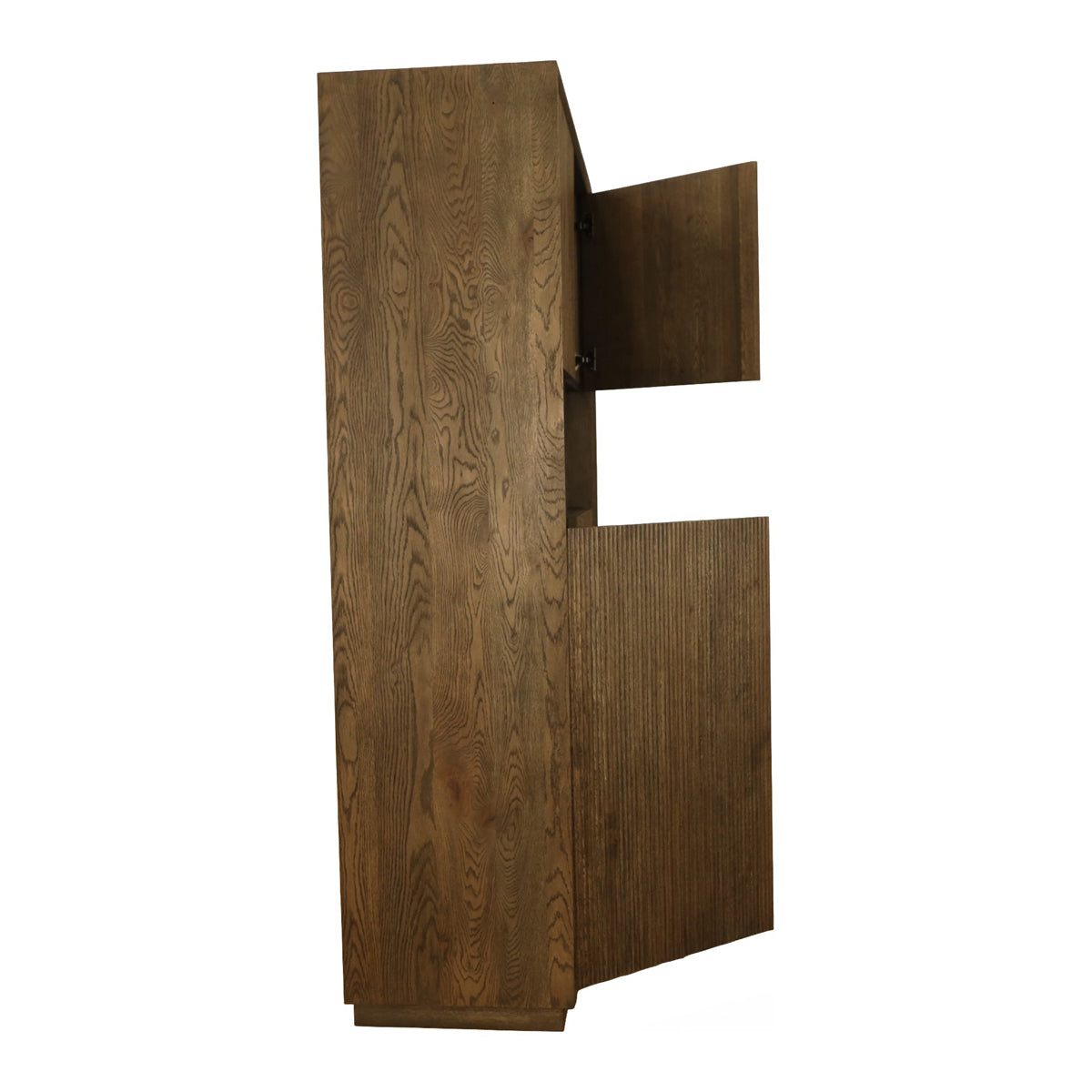 Tall Dawson bar cabinet in oak and chestnut with reeded paneling and an open band