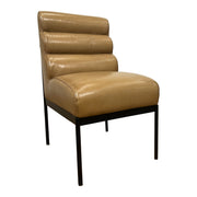 Camel leather dining chair with layered back cushioning on a steel base