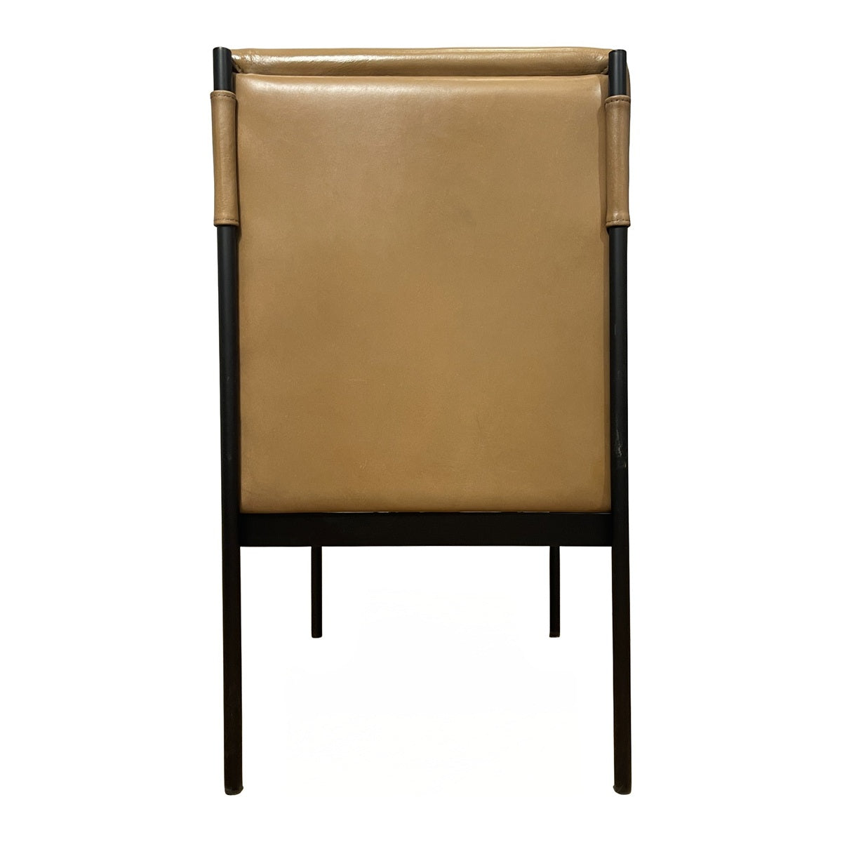 Camel leather dining chair with layered back cushioning on a steel base