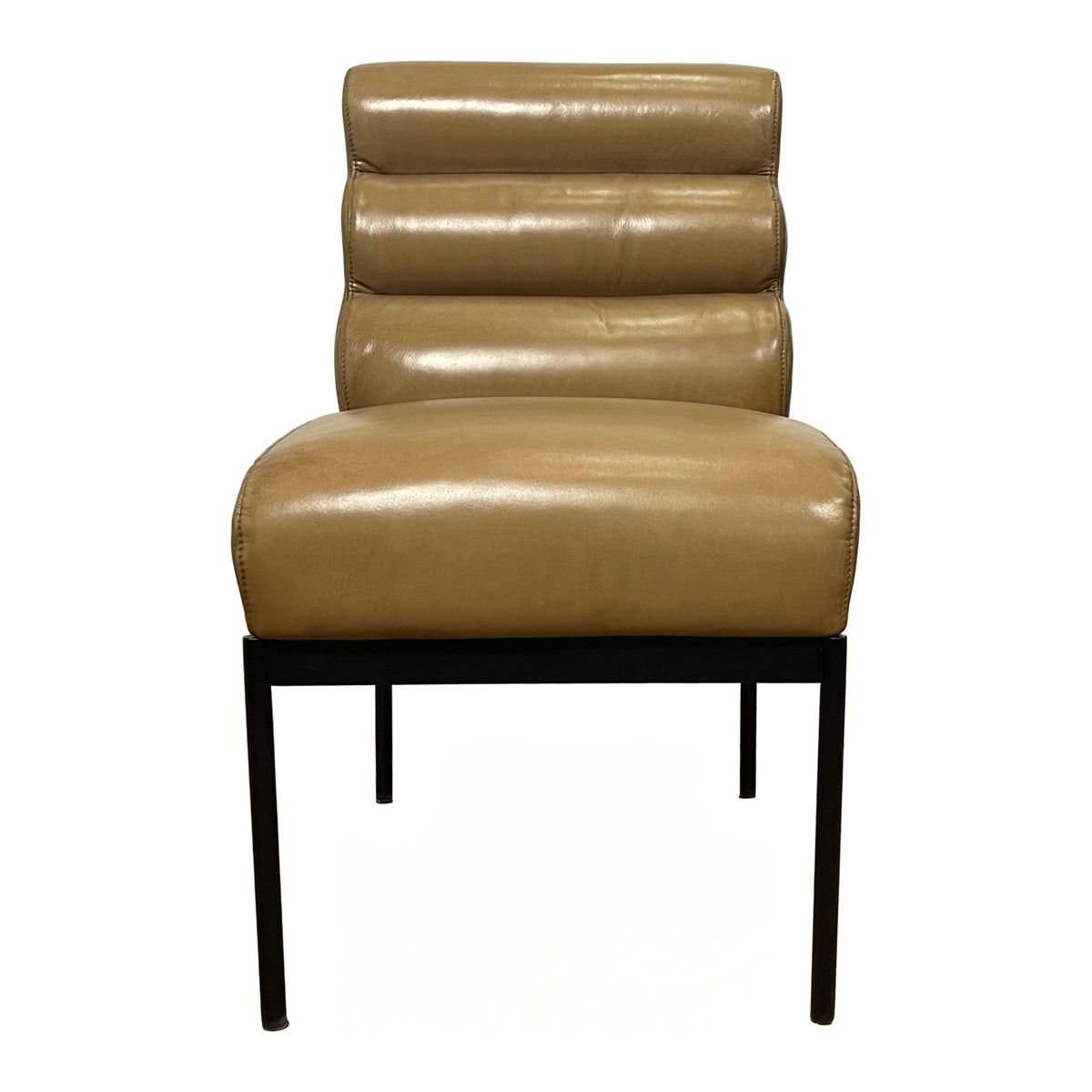 Camel leather dining chair with layered back cushioning on a steel base
