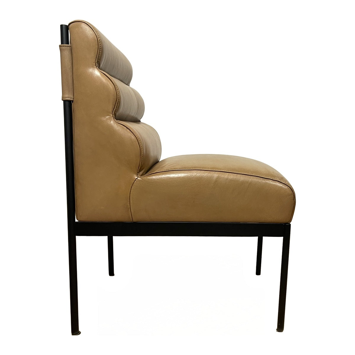 Camel leather dining chair with layered back cushioning on a steel base