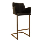 Black leather barstool with arms on a slender wood sled base