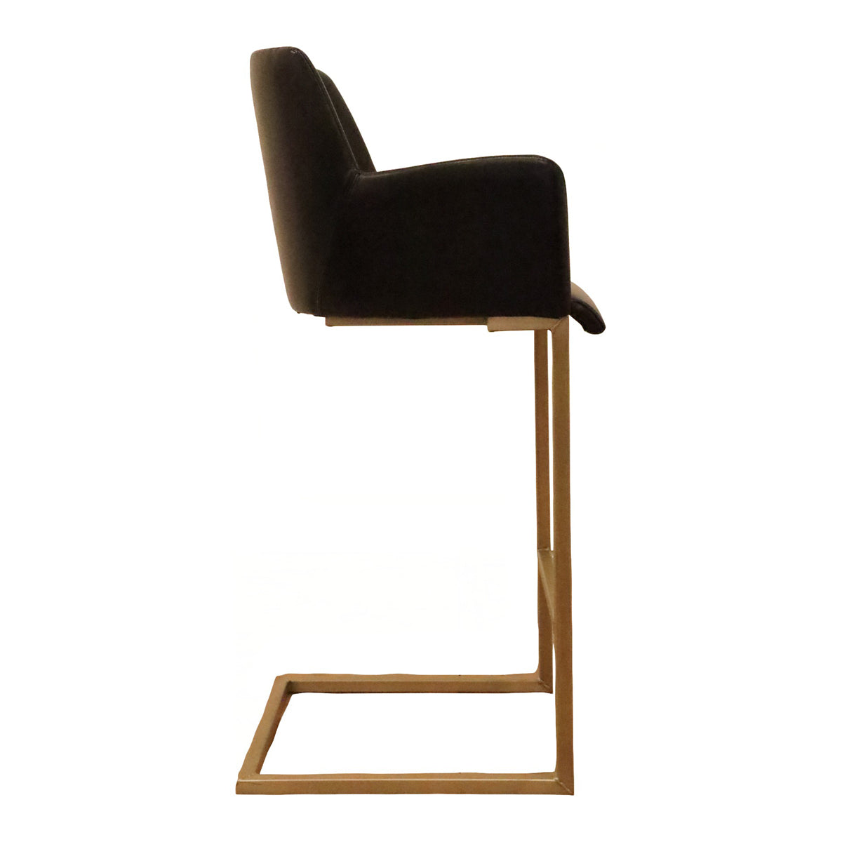 Black leather barstool with arms on a slender wood sled base
