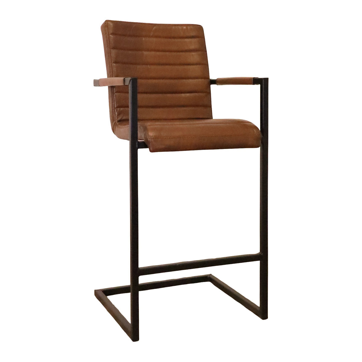 Light brown channeled leather barstool with arms on a metal sled frame