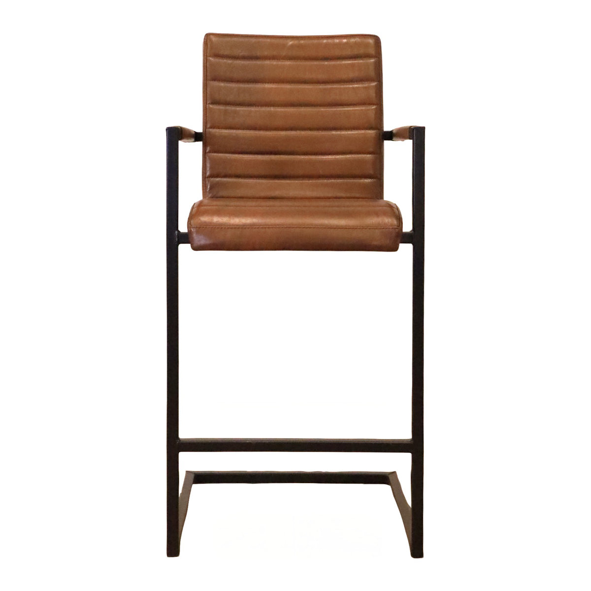 Light brown channeled leather barstool with arms on a metal sled frame