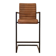 Light brown channeled leather barstool with arms on a metal sled frame