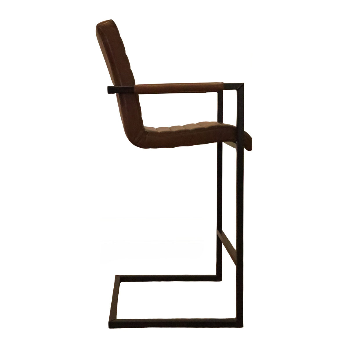 Light brown channeled leather barstool with arms on a metal sled frame