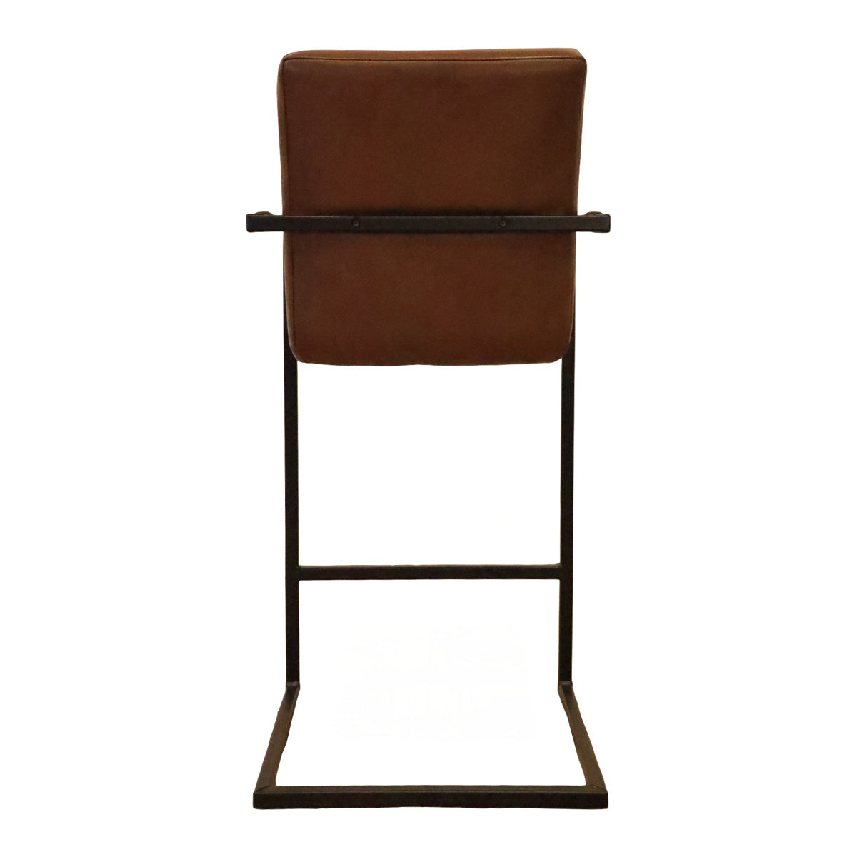 Light brown channeled leather barstool with arms on a metal sled frame