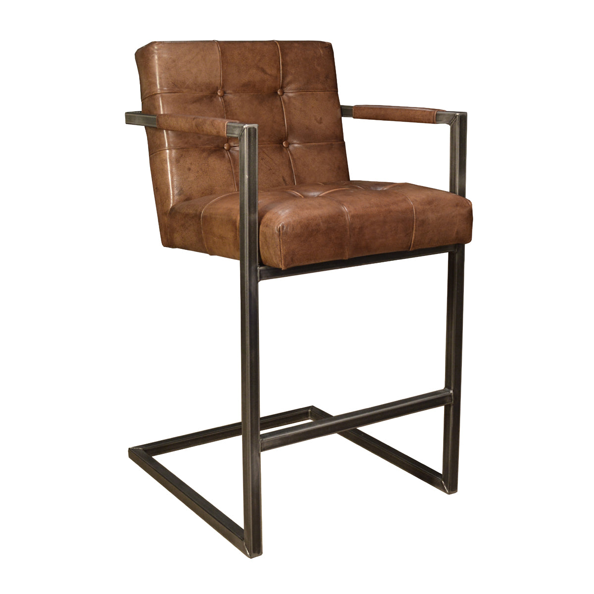 Cantilevered barstool in light brown buffalo leather with a minimalist frame