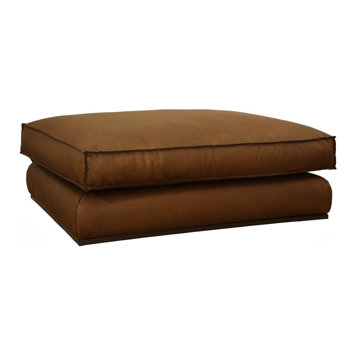 Low matte brown leather ottoman with a layered, stacked profile.
