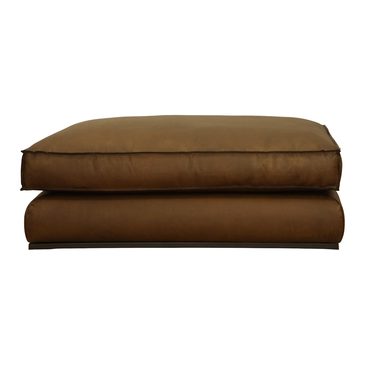 Low matte brown leather ottoman with a layered, stacked profile