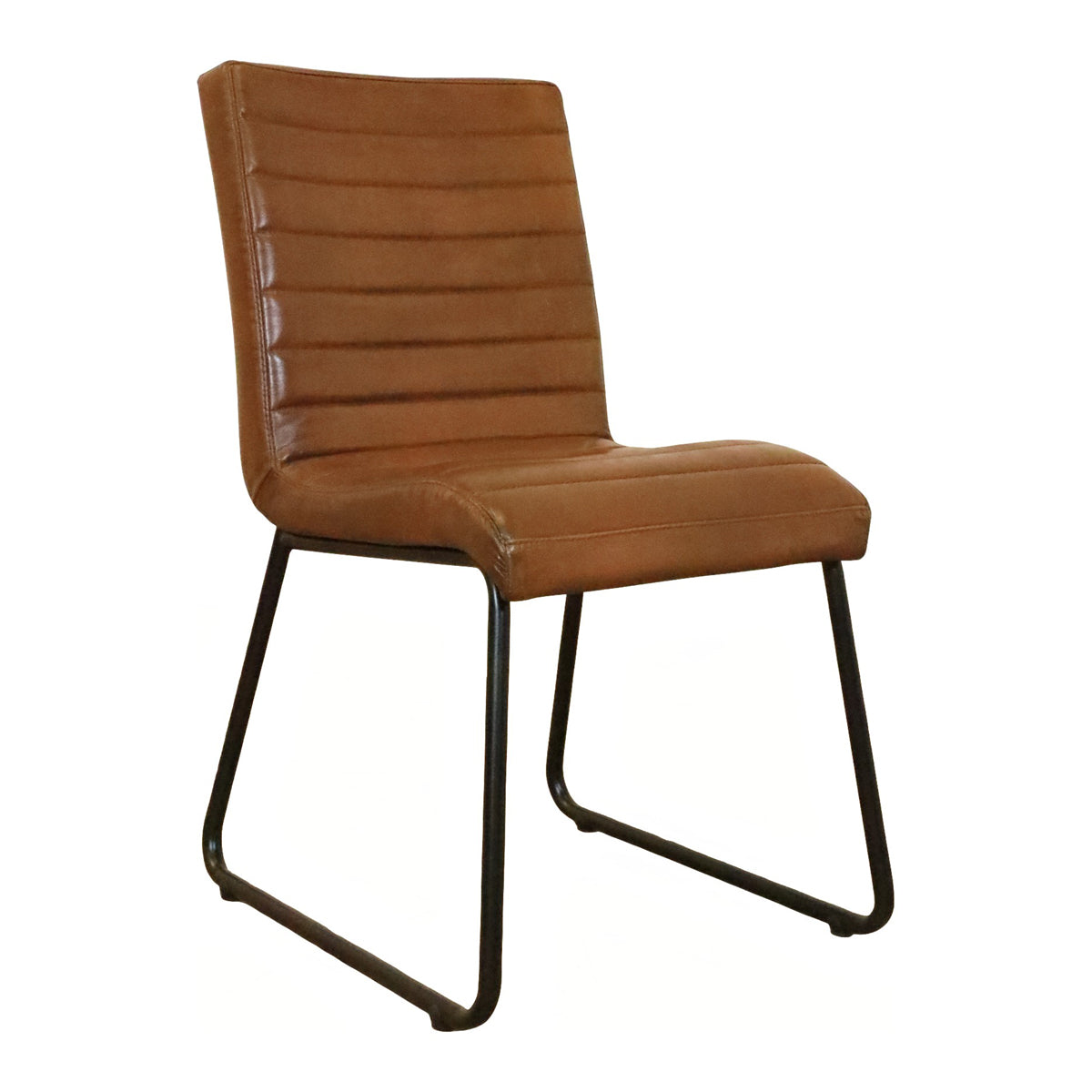 Light brown channeled leather side chair on a slender steel frame