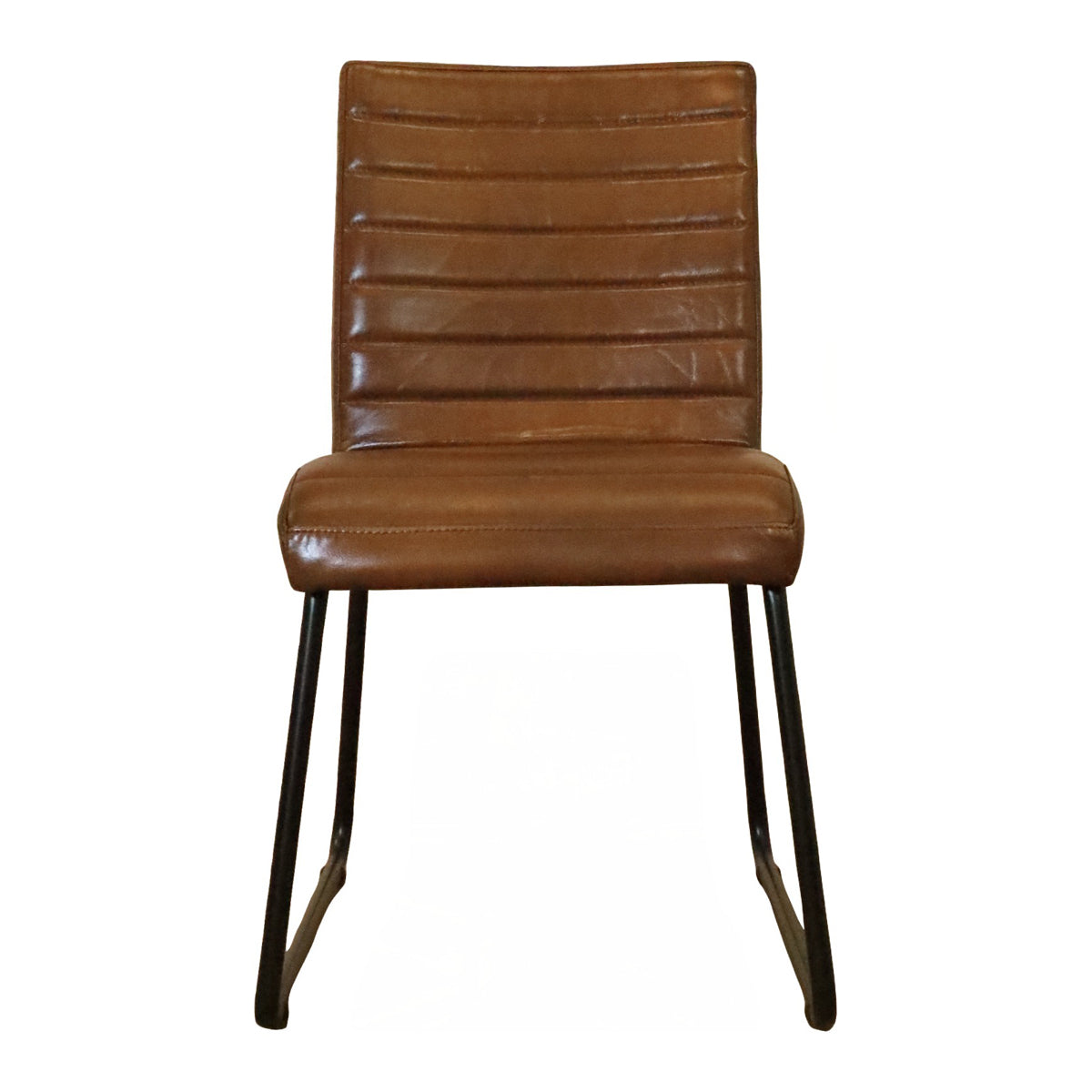 Light brown channeled leather side chair on a slender steel frame