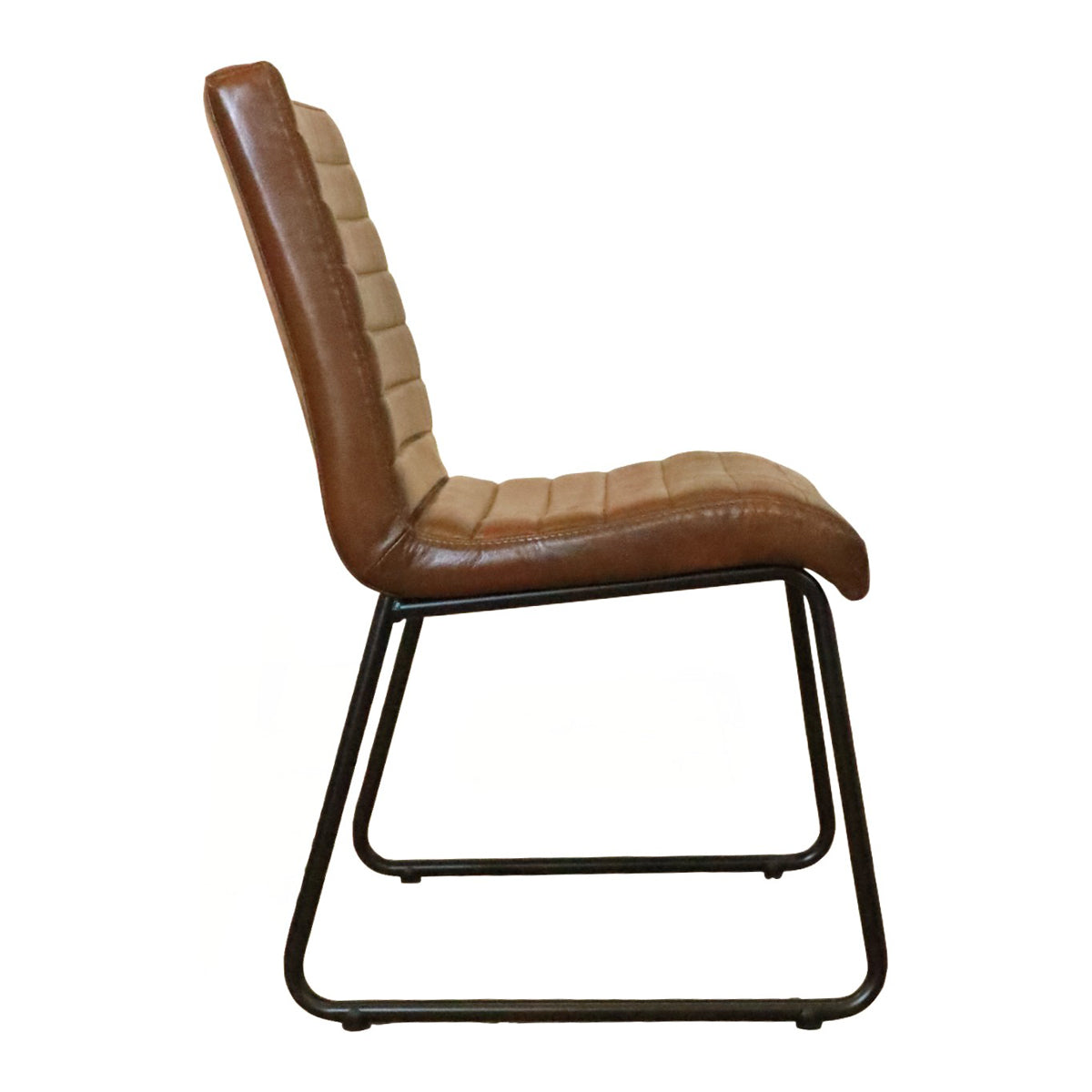 Light brown channeled leather side chair on a slender steel frame