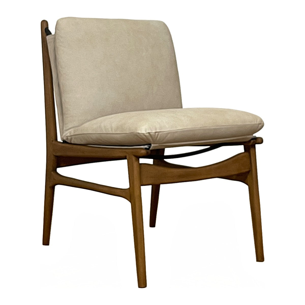 Dining side chair with an exposed wood frame and beige upholstery