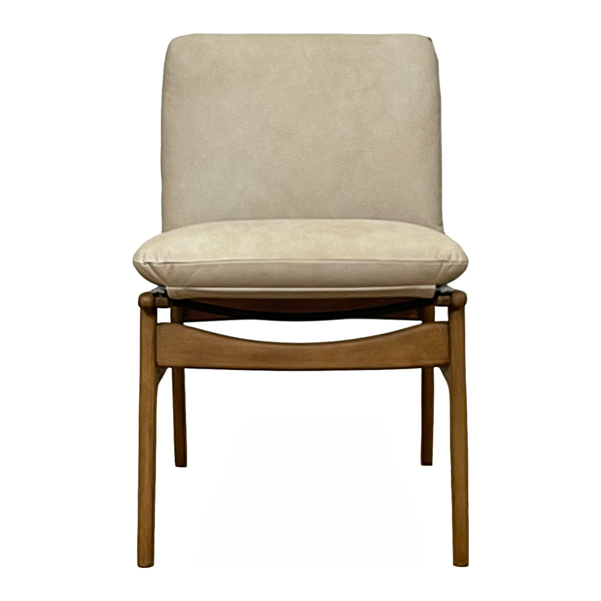 Dining side chair with an exposed wood frame and beige upholstery
