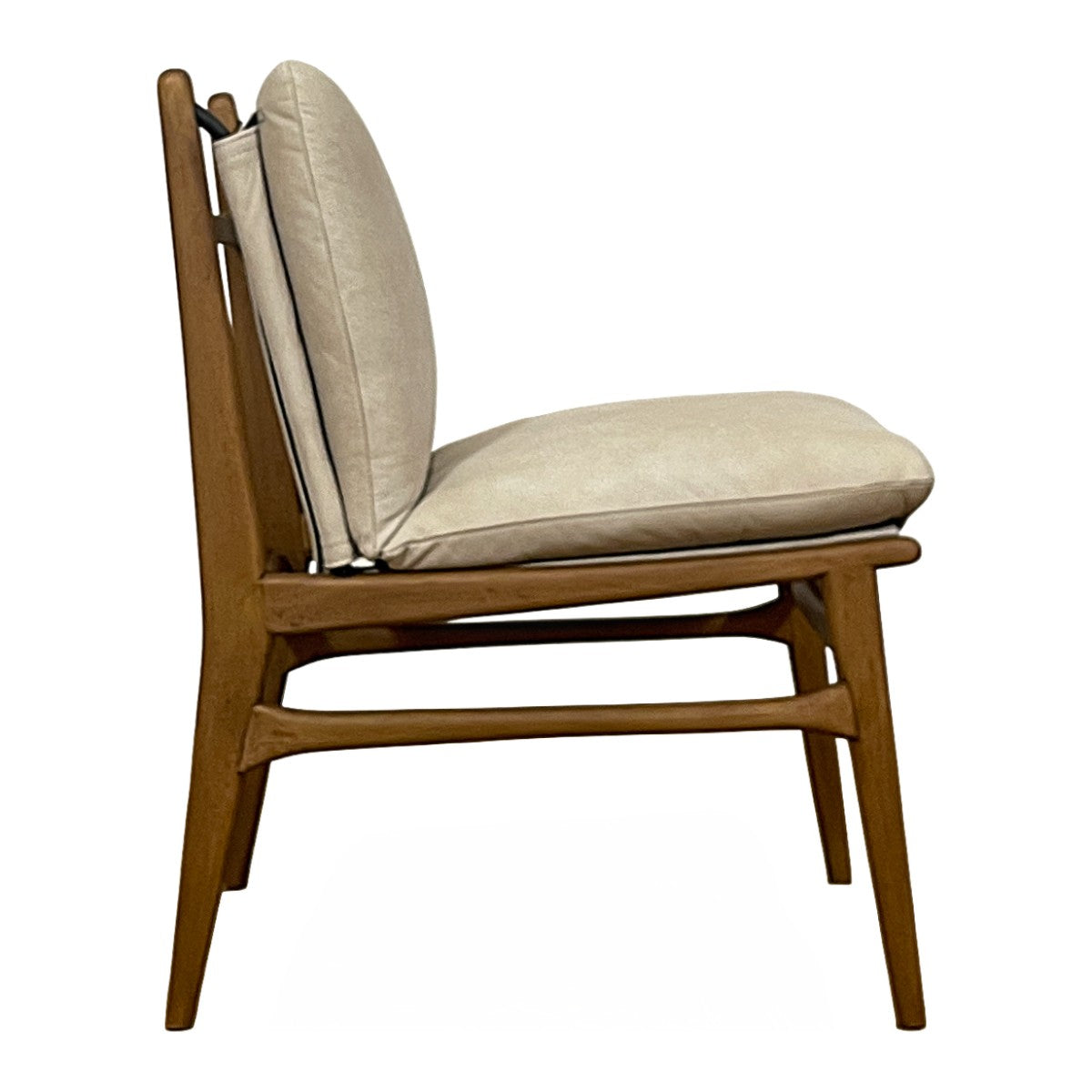 Dining side chair with an exposed wood frame and beige upholstery