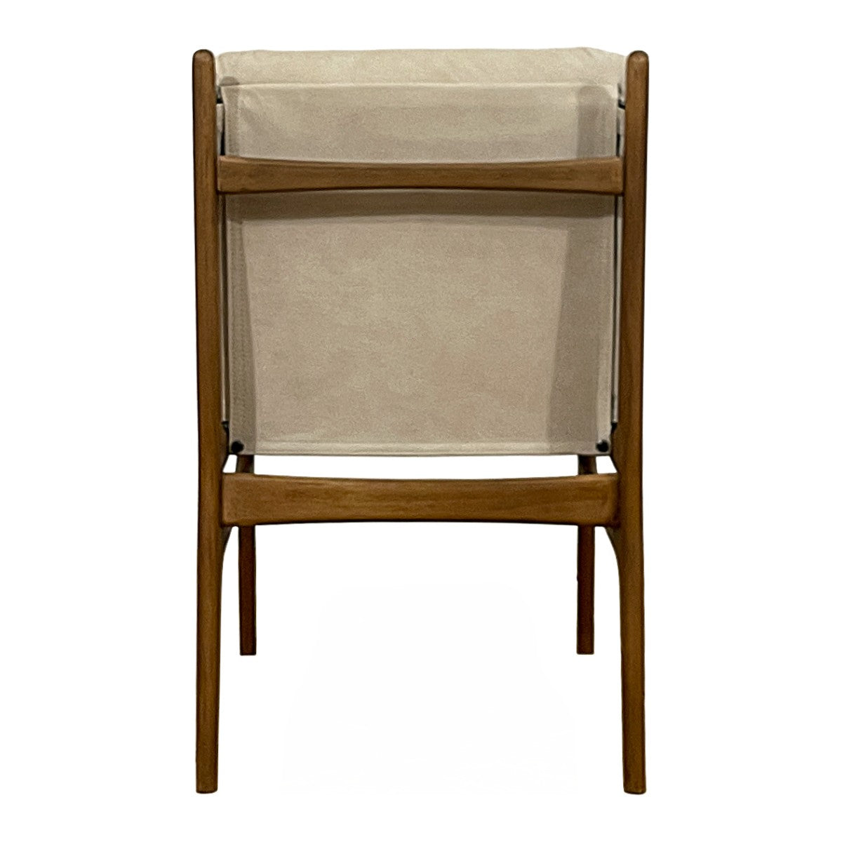 Dining side chair with an exposed wood frame and beige upholstery