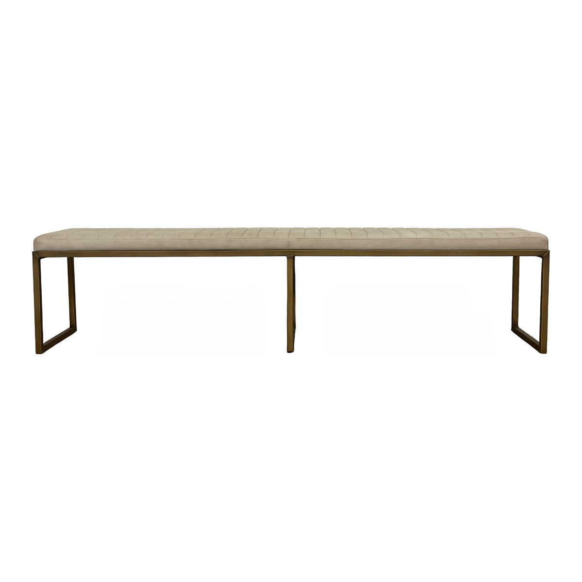 Beige upholstered bench on an open gold-toned metal frame