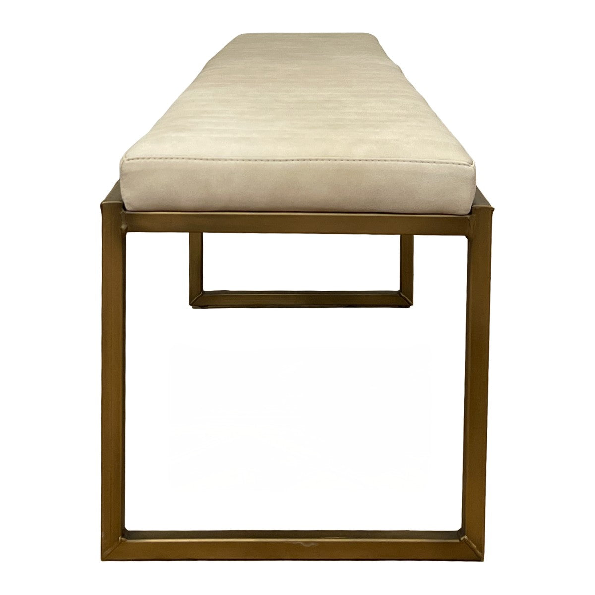 Beige upholstered bench on an open gold-toned metal frame