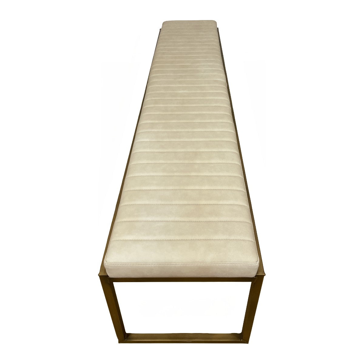 Beige upholstered bench on an open gold-toned metal frame