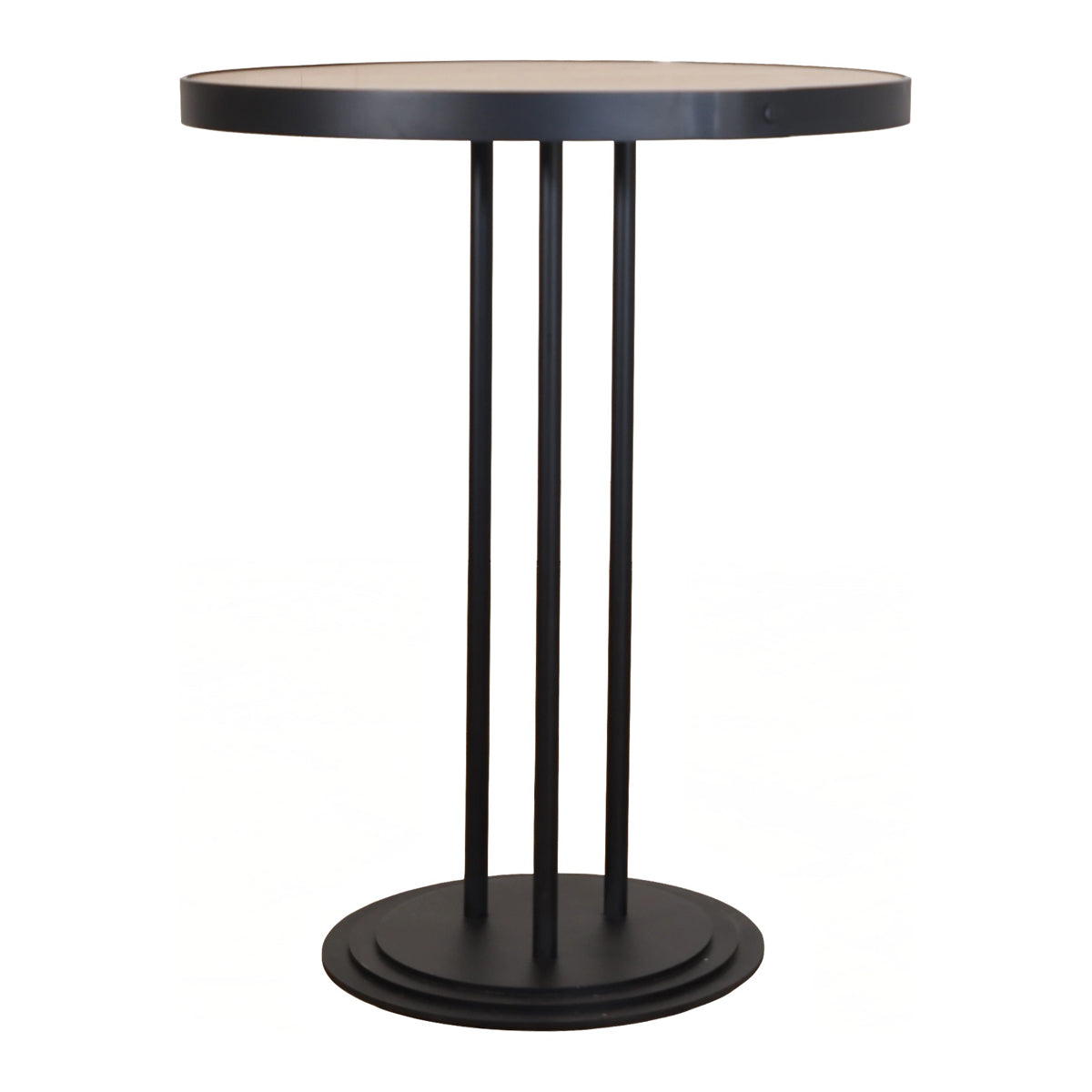 Round bistro table with honey oak top on a slender black metal base