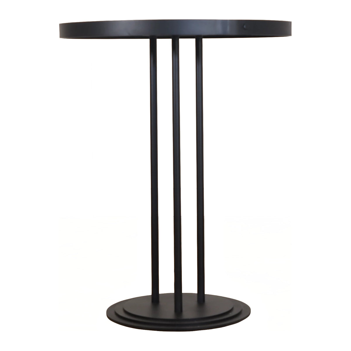 Round bistro table with honey oak top on a slender black metal base