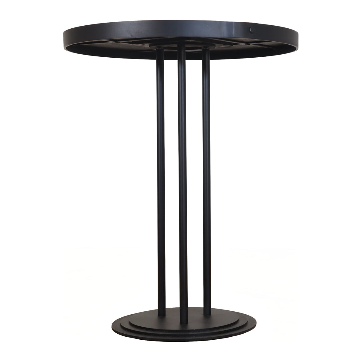 Round bistro table with honey oak top on a slender black metal base