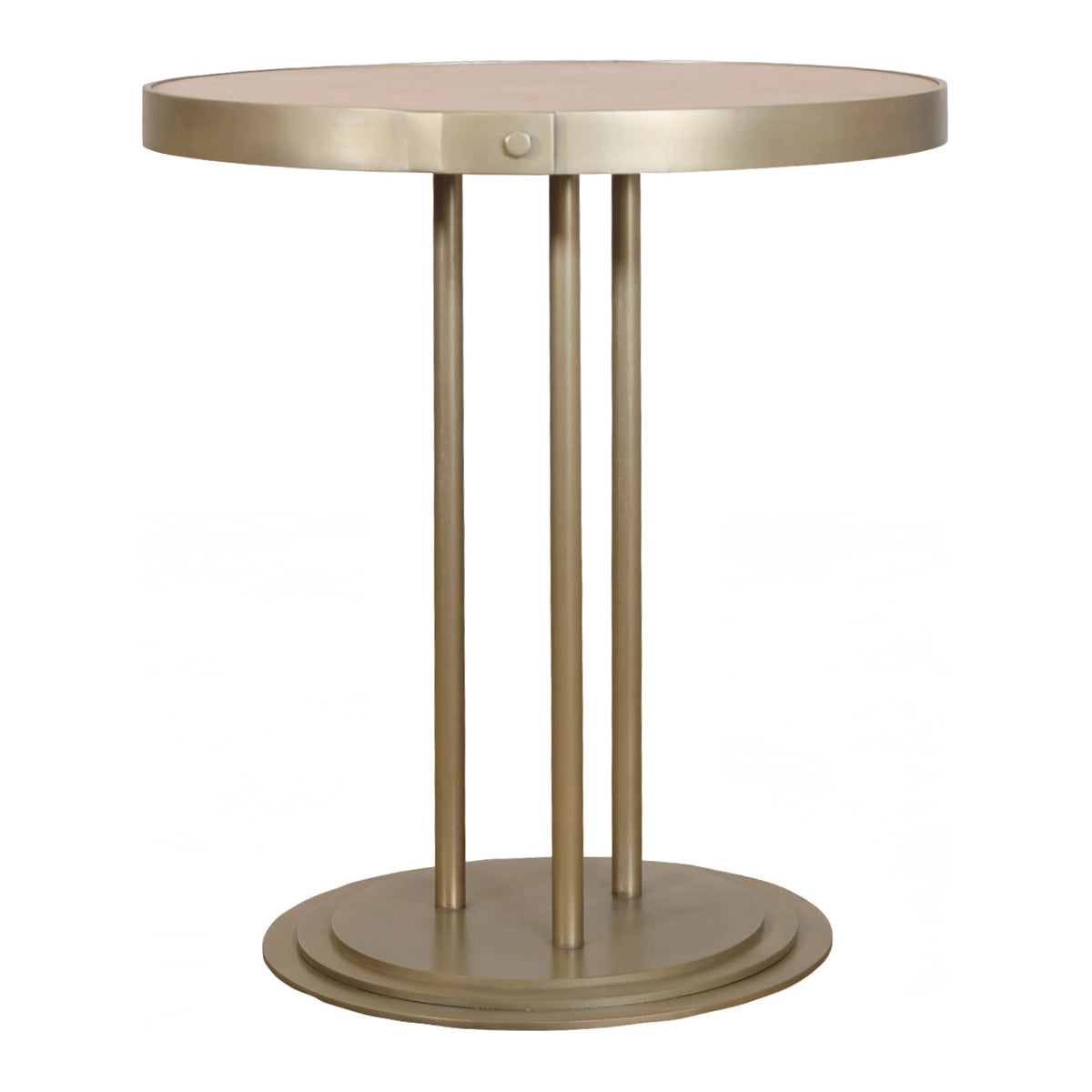 Round bistro table with smooth top on a slender antique brass base