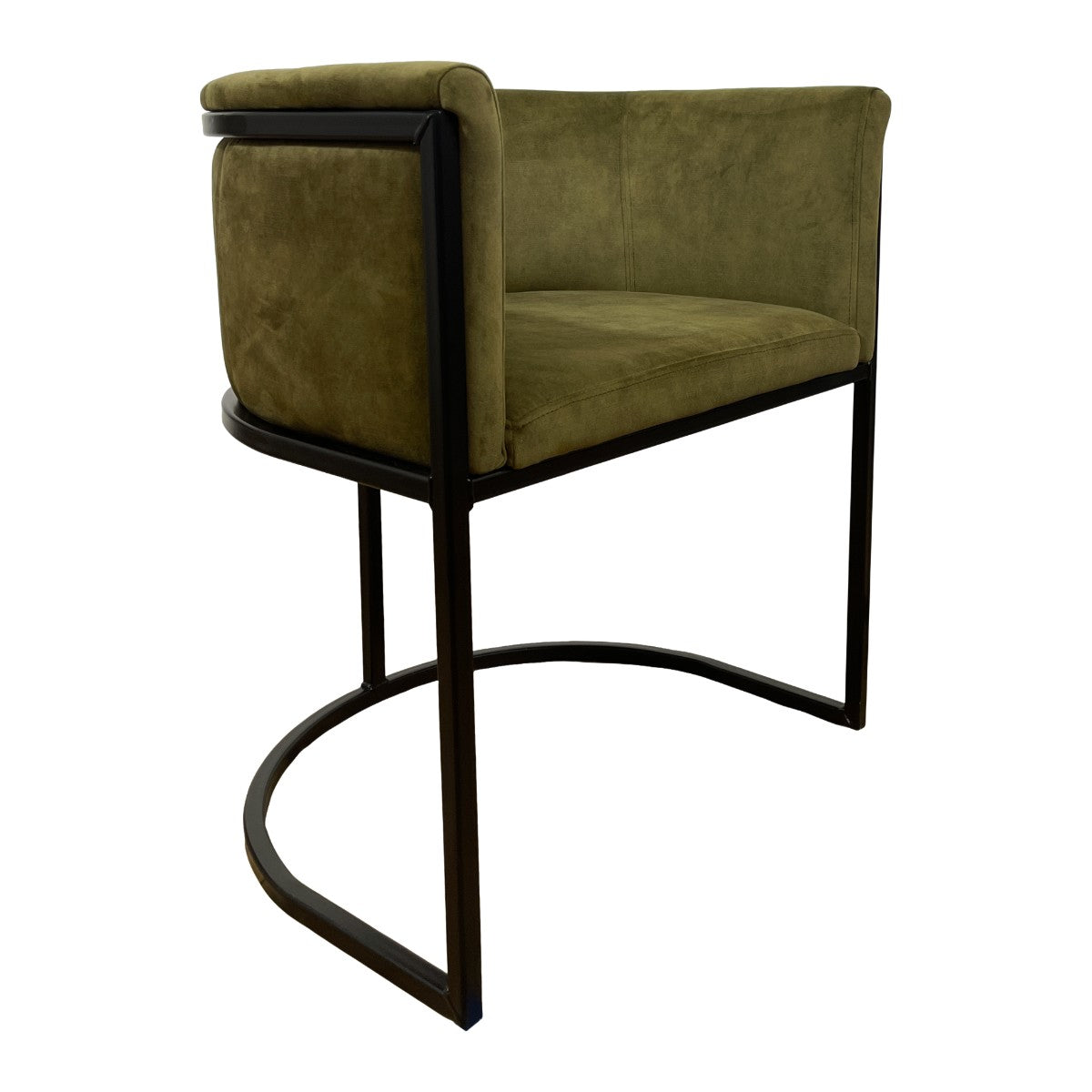 Compact armchair upholstered in moss green on a continuous steel frame