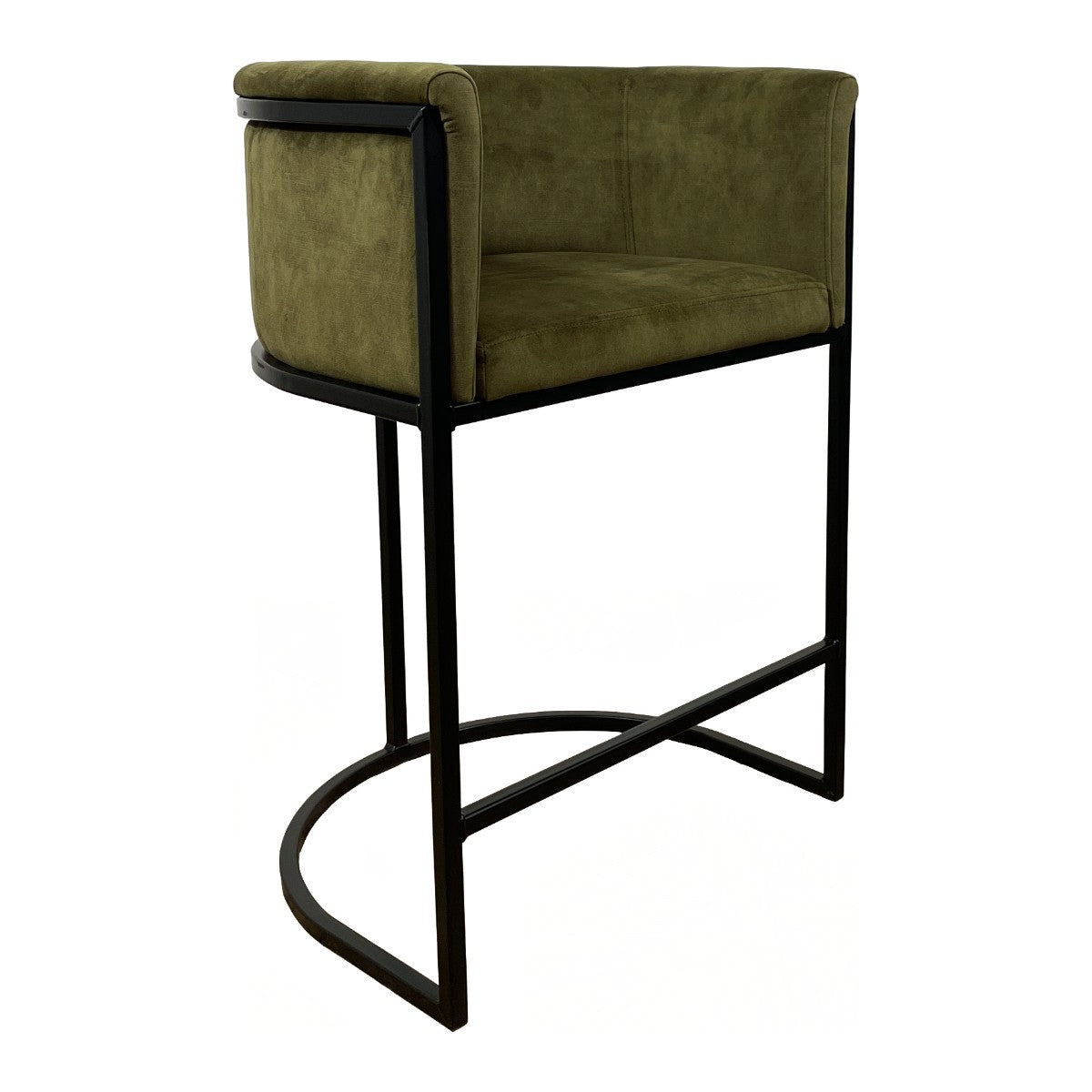 Counter chair upholstered in moss green on a cantilevered metal frame