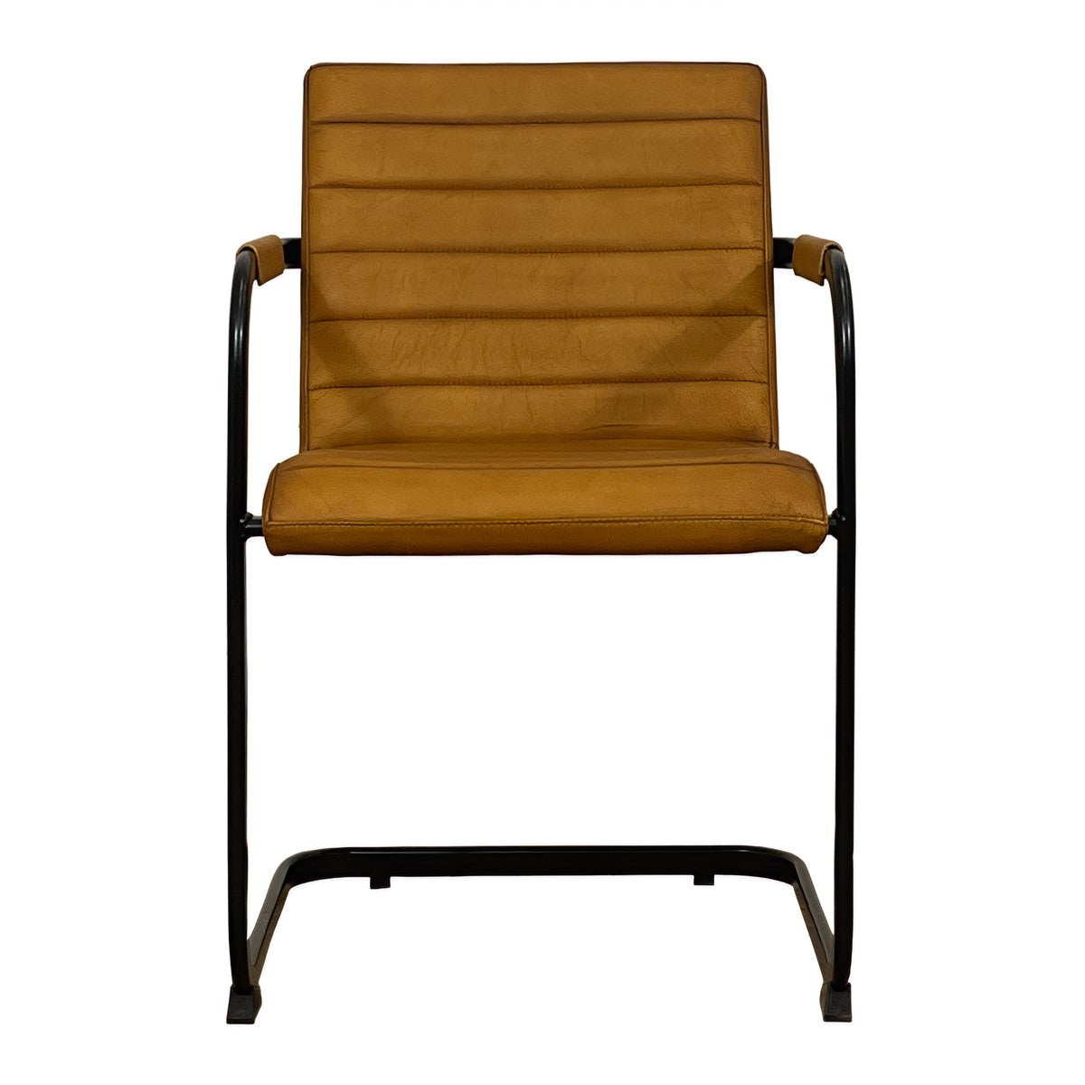 Cognac leather dining armchair with channeled seat on a steel cantilever frame