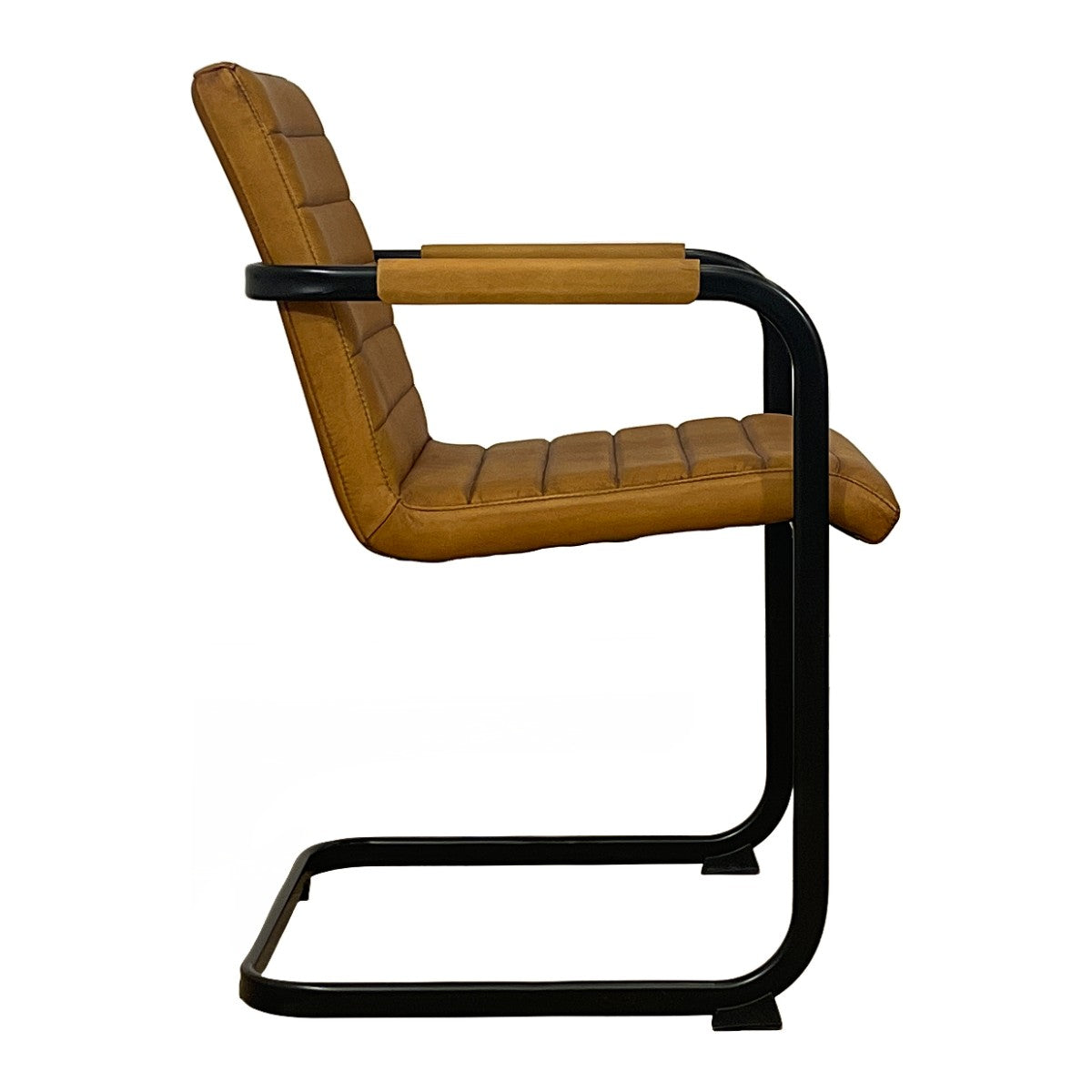 Cognac leather dining armchair with channeled seat on a steel cantilever frame
