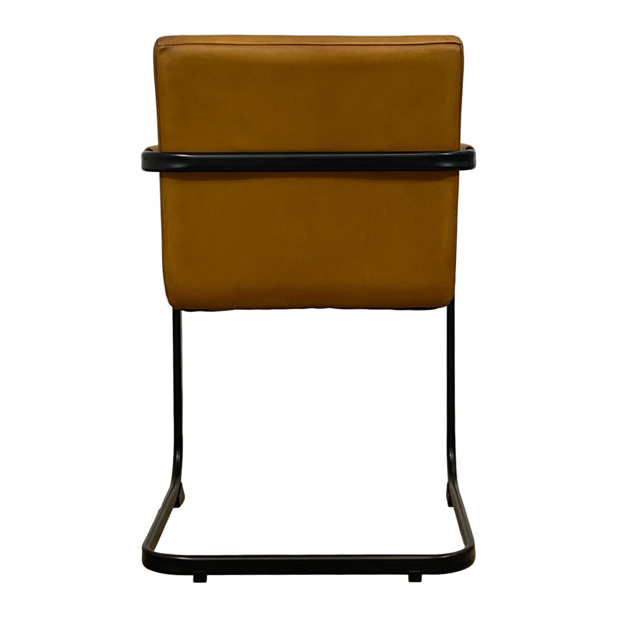 Cognac leather dining armchair with channeled seat on a steel cantilever frame