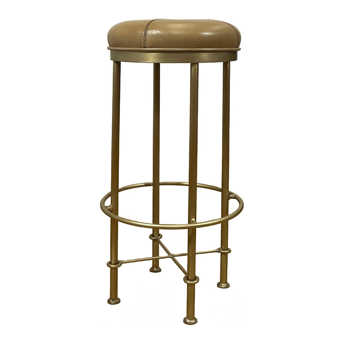 Barstool in camel leather with an old gold metal frame