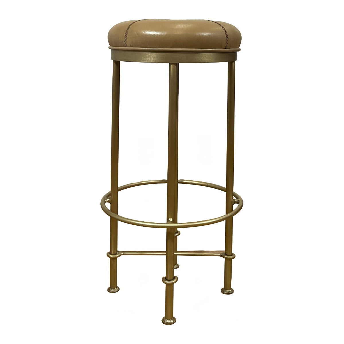 Barstool in camel leather with an old gold metal frame