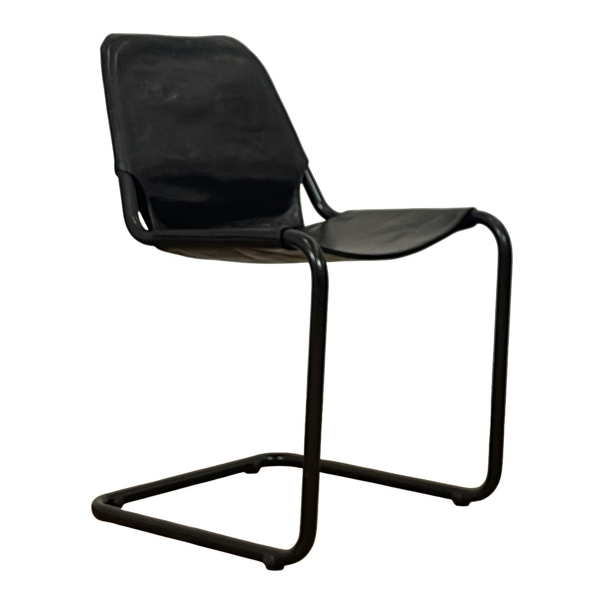 Modern dining chair with a tensioned black leather seat on a steel cantilever frame