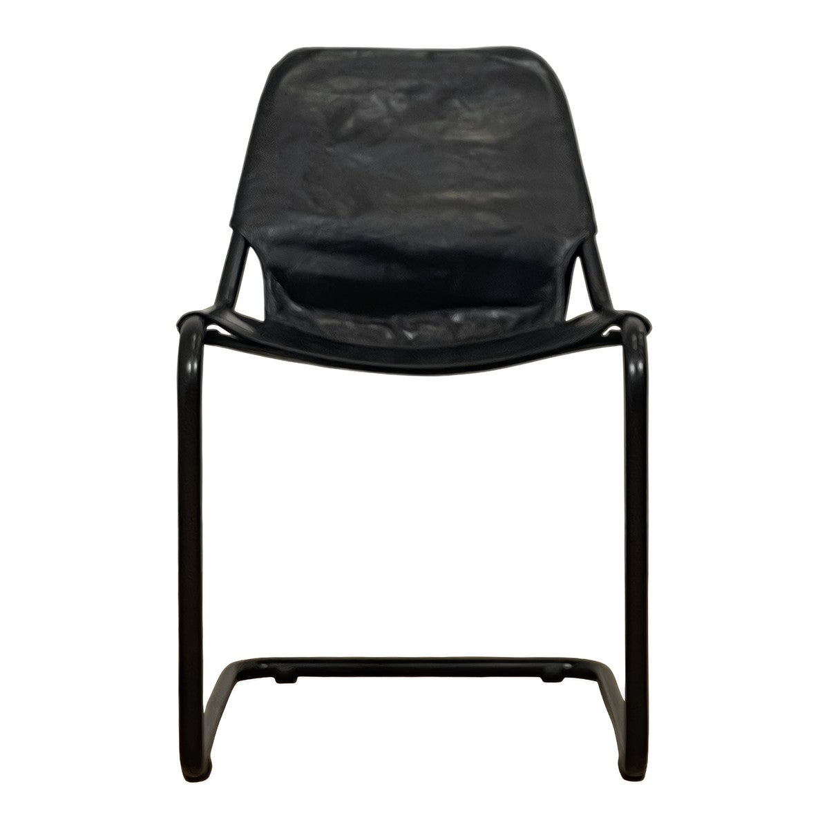 Modern dining chair with a tensioned black leather seat on a steel cantilever frame