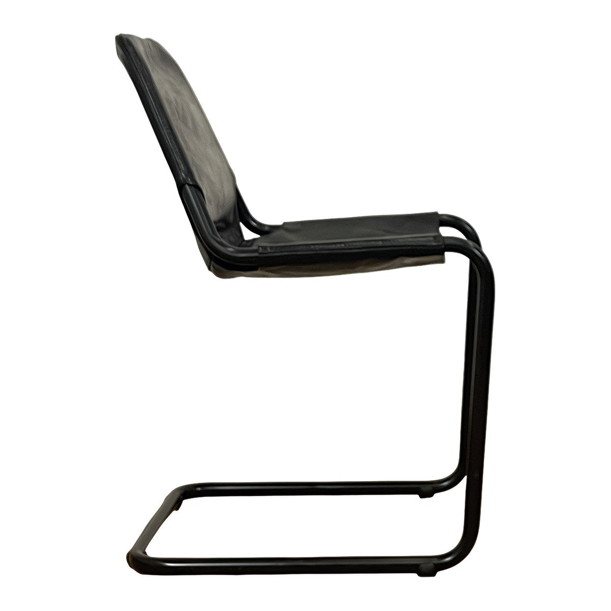 Modern dining chair with a tensioned black leather seat on a steel cantilever frame
