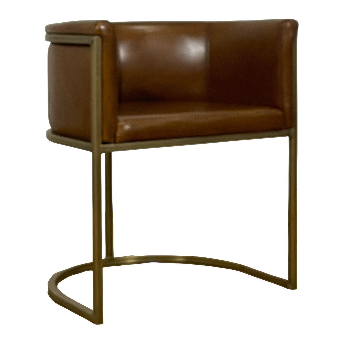 Armchair with sculpted brown leather upholstery on a continuous brass frame