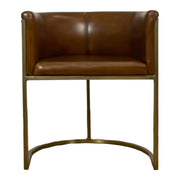 Armchair with sculpted brown leather upholstery on a continuous brass frame