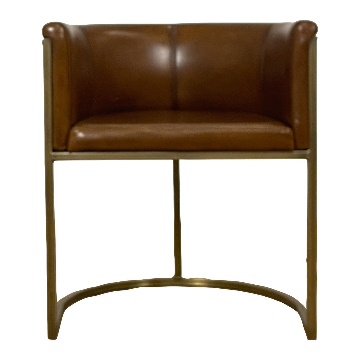 Armchair with sculpted brown leather upholstery on a continuous brass frame