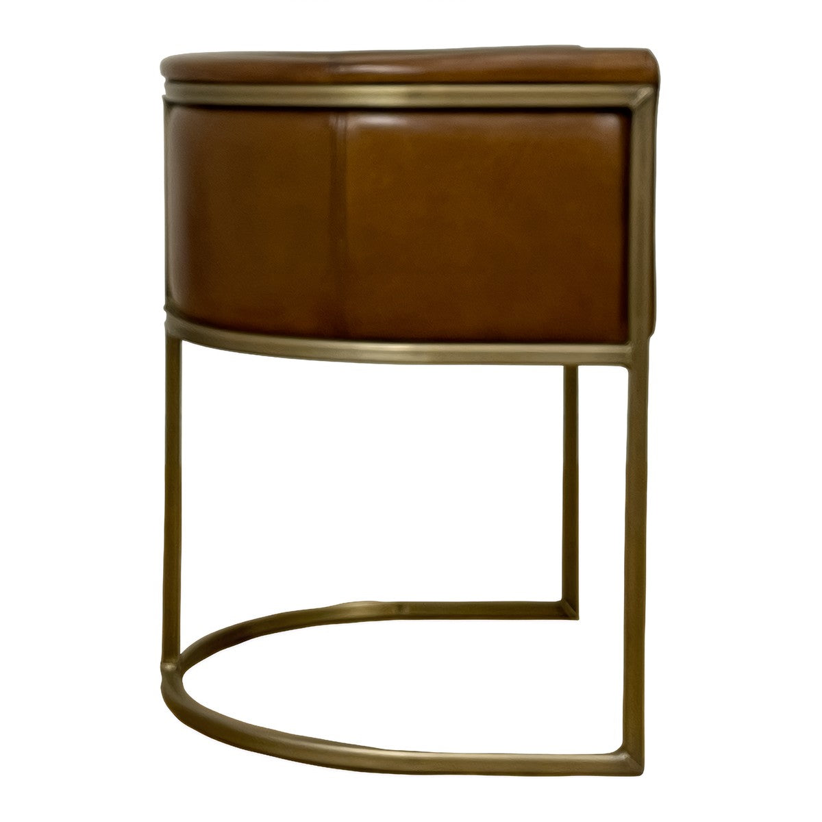 Armchair with sculpted brown leather upholstery on a continuous brass frame