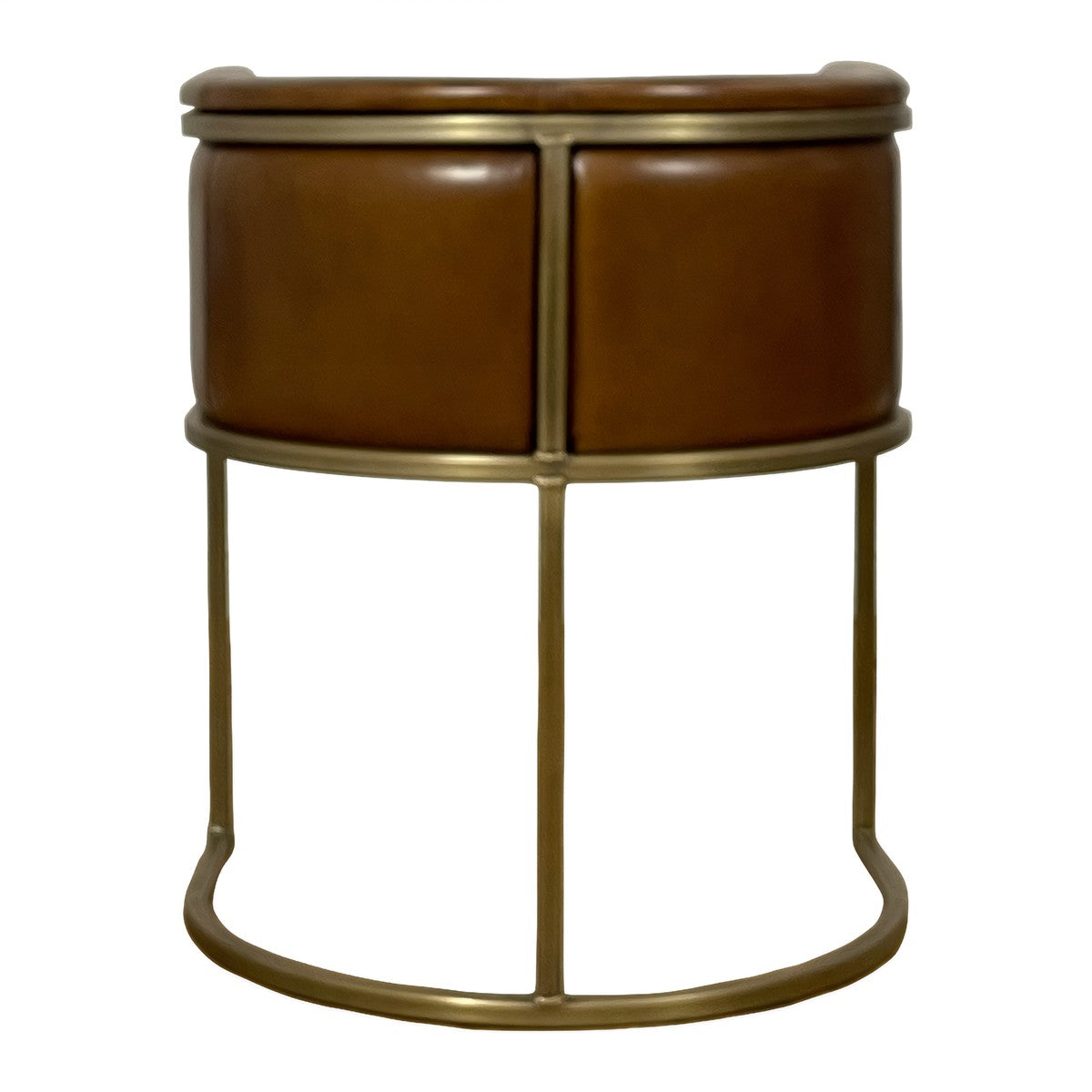 Armchair with sculpted brown leather upholstery on a continuous brass frame