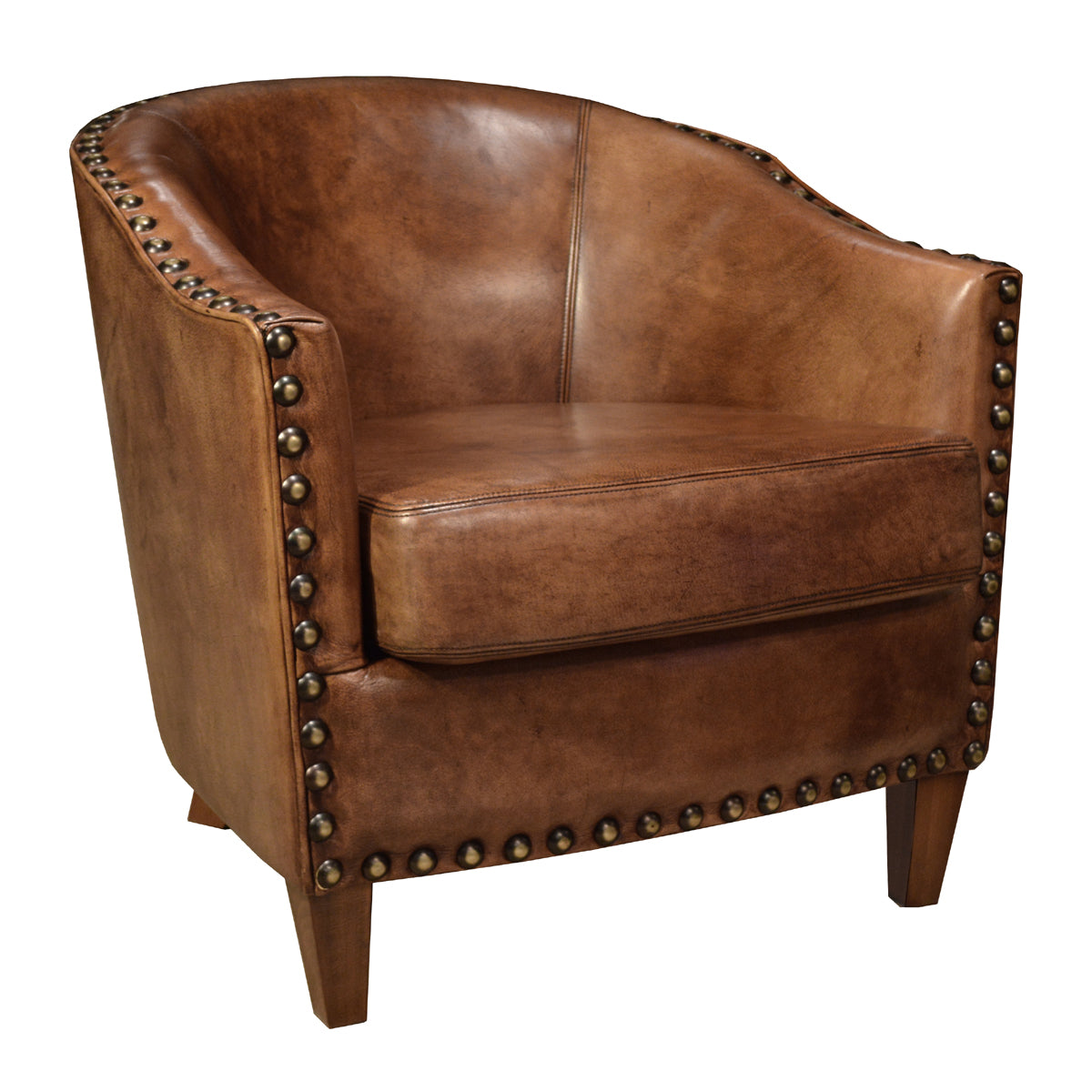 Wide lounge armchair in light brown buffalo leather with curved arms