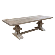 Large rustic oak dining table in grey wash on a trestle base