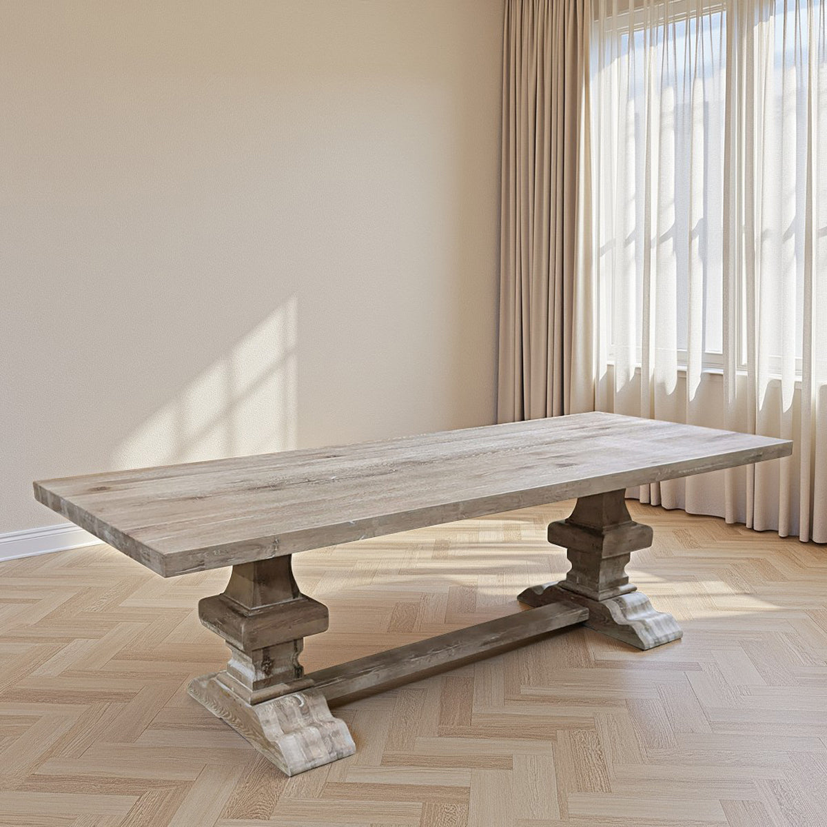 Large rustic oak dining table in grey wash on a trestle base